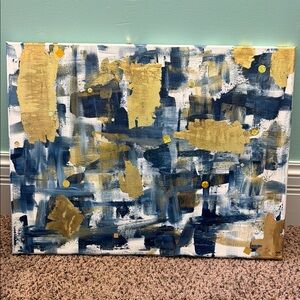 Hand painted Abstract Blue and Gold Canvas Art, made by me 24x30